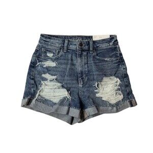 C2 American Eagle AE Stretch Denim Mom Shorts Size 4 Darken Destroy Dark Wash